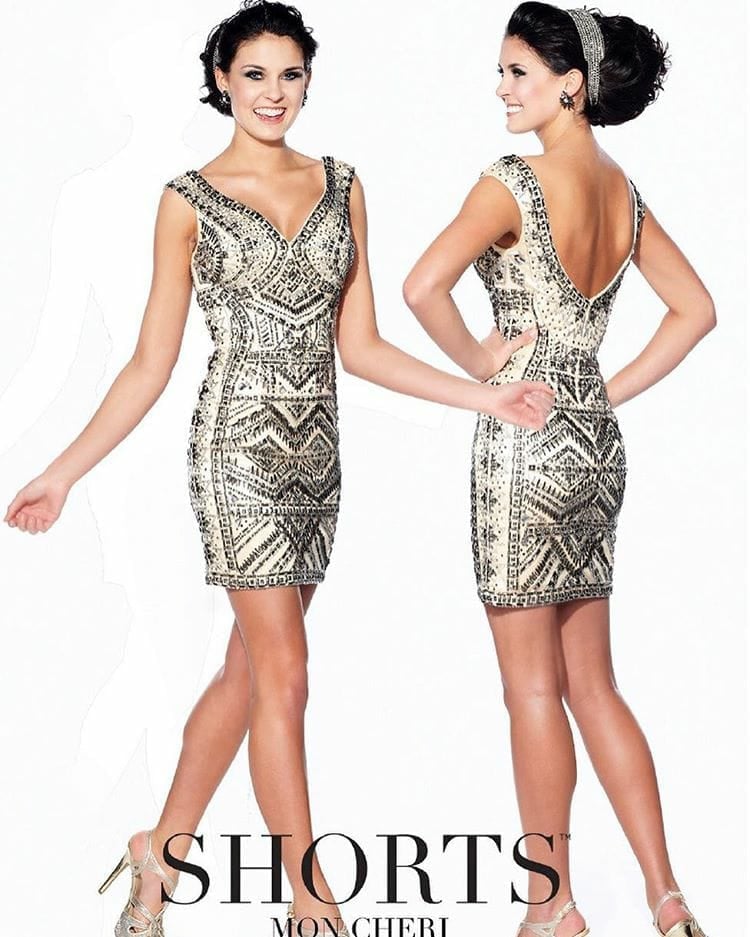Woman modeling beaded geometric patterned short dress with low back